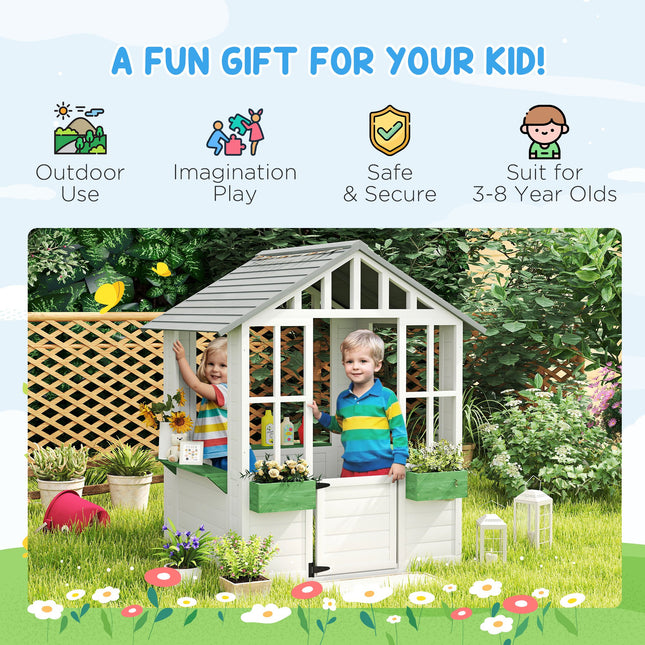 Kids Wooden Outdoor Playhouse – Weather-Resistant Garden Cottage with Flowerpot Holders & Service Station for Creative Backyard Play