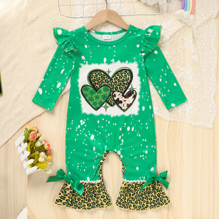 Baby Girl St. Patrick’s Day Flare Romper – Green Clover & Leopard Print Jumpsuit – Ruffle Sleeve Bell Bottom Onesie