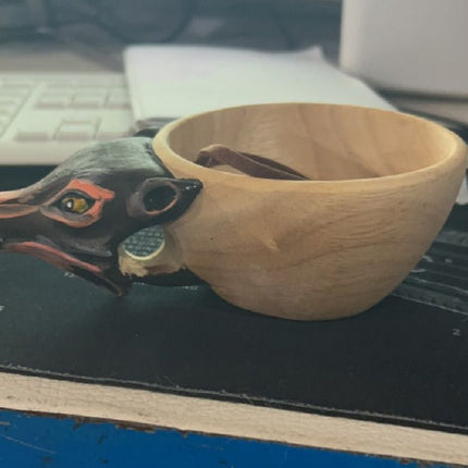 Hand-Carved Scandinavian Kuksa Wooden Mug – Traditional Guksi Camping Cup – Authentic Nordic Wood Coffee Mug with Animal Carvings