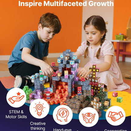 AuraBlocks™ 150 Pcs Magnetic Blocks Dark Castle Set – Glow-in-the-Dark Style Building Tiles – STEM Montessori Sensory Toys for Kids – Creative Architecture Playset