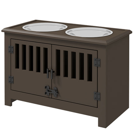 Dog Food Storage Cabinet with Pull-Out Feeding Station – Espresso Wooden Pet Feeder with 2 Stainless Steel Bowls – Multi-functional Pet Furniture