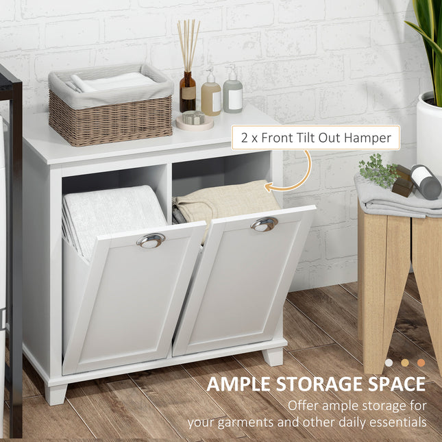 Double Tilt-Out Laundry Sorter with 2 Removable Bins – Space-Saving White Bathroom Cabinet – Contemporary Laundry Furniture