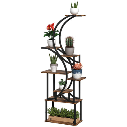 62" Tall S-Shaped Plant Stand – 8-Tier Wood Plant Shelf with Carbonized Finish – Unique Corner Display Rack for Multiple Plants
