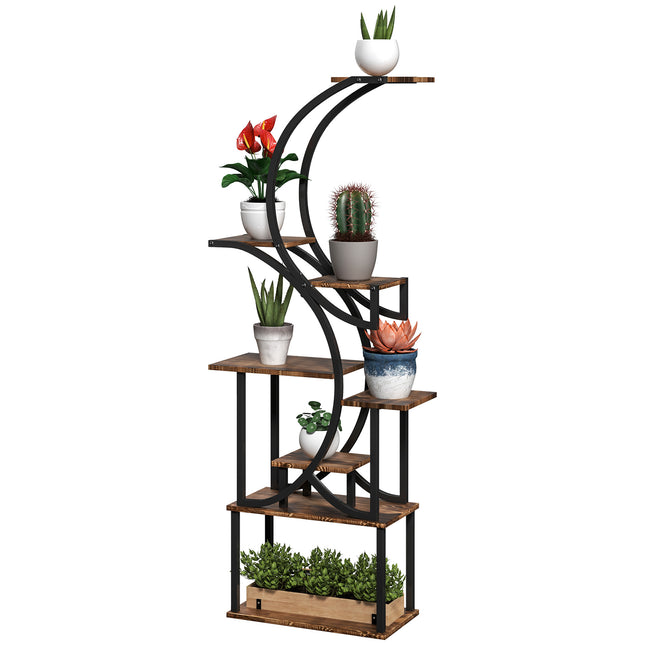 62" Tall S-Shaped Plant Stand – 8-Tier Wood Plant Shelf with Carbonized Finish – Unique Corner Display Rack for Multiple Plants