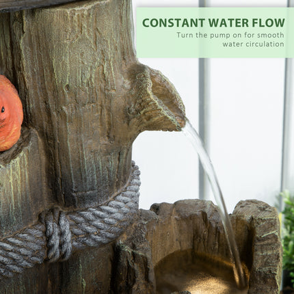 Outdoor Fountain with Birdhouse – 3-Tier Cascading Tree Trunk Waterfall – Rustic Log Design Bird Bath with LED Lights for Garden & Yard