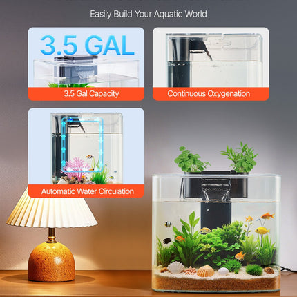 3.5 Gallon Smart Arch Aquarium Kit – Large Crystal Clear GPPS Fish Tank with 3-Mode LED Lighting – Self-Cleaning Desktop Ecosystem