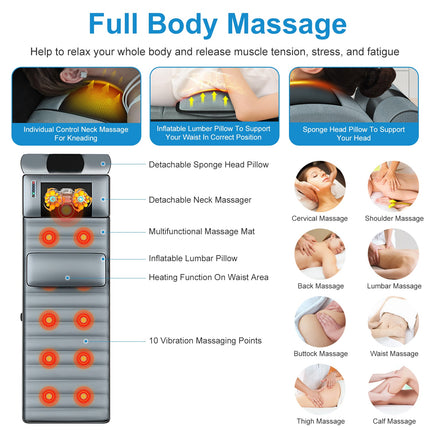 Advanced Full Body Electric Massage Mat – 10 Vibration Motors with Heat Therapy – 3D Neck Massager & Lumbar Support Pillow – Foldable Home Spa Mattress