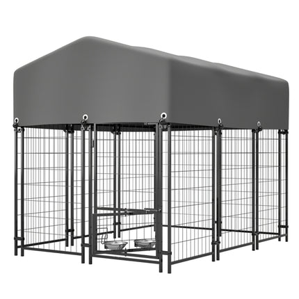 Heavy Duty Outdoor Dog Kennel with 360° Rotating Feeder – 5.8ft Welded Wire Pet Enclosure – UV-Resistant Waterproof Roof & Double-Lock Safety