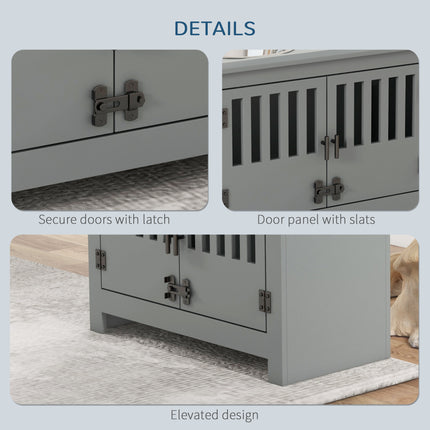 Modern Gray Dog Feeding Station with Food Storage – Wooden Pet Feeder Cabinet with 2 Stainless Steel Bowls – Space-Saving Hidden Pet Station
