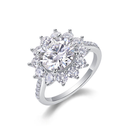 Sunflower Halo Statement Ring – 3 Carat Moissanite Brilliant Cut – S925 Sterling Silver Platinum Plated – Luxury Engagement & Promise Ring