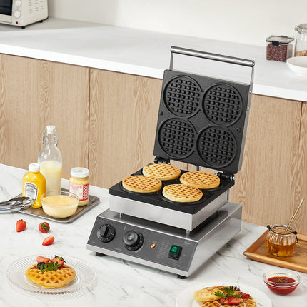 4-Piece Commercial Round Waffle Maker – 1750W High Power Electric Waffle Iron – Professional Non-Stick Baker for Restaurant