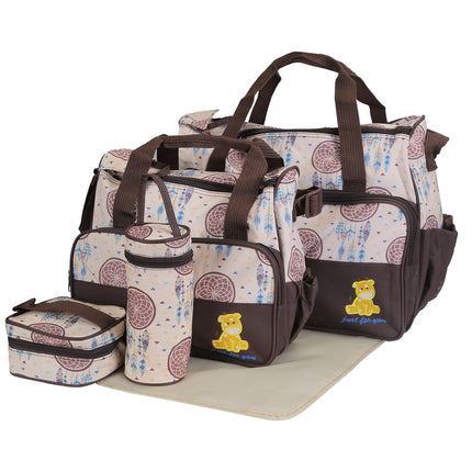 5-Piece Baby Diaper Bag Set – Multi-Functional Mummy Travel Handbag Bundle with Diaper Pad, Bottle Bag, and Food Bag