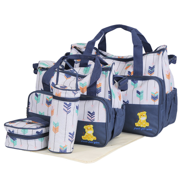 5-Piece Baby Diaper Bag Set – Multi-Functional Mummy Travel Handbag Bundle with Diaper Pad, Bottle Bag, and Food Bag
