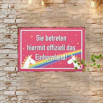 Unicorn Welcome Metal Tin Sign – Vibrant Pink Rainbow Wall Decor for Kids Bedroom, Nursery & Playroom