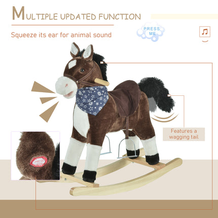 Plush Cowboy Rocking Horse – Wooden Ride-On Toy with Realistic Neighing & Galloping Sounds – Soft Brown Pony for Toddlers 3-6 Years