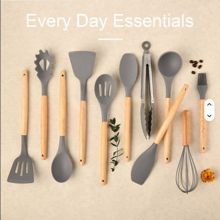 12-Piece Premium Silicone Kitchen Utensil Set – Heat-Resistant Gray Cooking Tools with Natural Wooden Handles