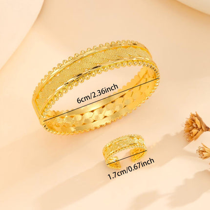 2Pcs Vintage Gold Plated Jewelry Set – Adjustable Open Cuff Bracelet & Matching Ring – Textured Metallic Jewelry for Women’s Festivals & Weddings