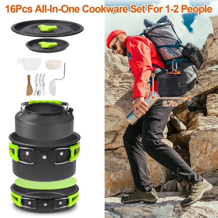 16-Piece Camping Cookware Mess Kit – Lightweight Outdoor Cooking Set with Stove, Pot, Kettle & Cutlery for Hiking & Picnic