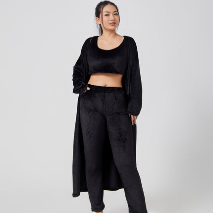 3-Piece Fluffy Lounge Set – Ultra-Soft Plush Knit Pajama Set – Cozy Crop Top, High Waist Pants & Long Cardigan Trio – Winter Warm Sleepwear