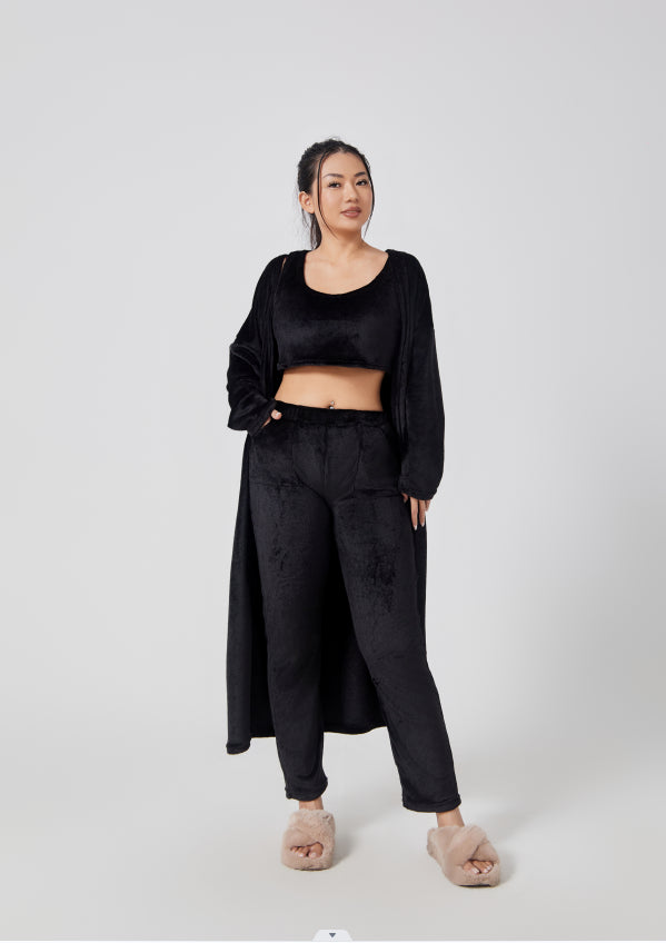3-Piece Fluffy Lounge Set – Ultra-Soft Plush Knit Pajama Set – Cozy Crop Top, High Waist Pants & Long Cardigan Trio – Winter Warm Sleepwear