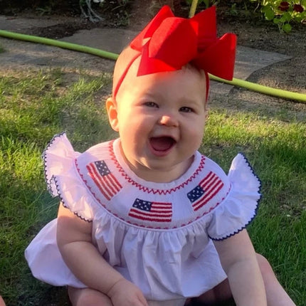 Baby Girl 4th of July Smocked Bubble Romper – American Flag Embroidery Fly Sleeve Bodysuit – Patriotic Summer Outfit