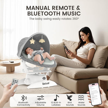 Smart Electric Baby Swing with Motion Detection – 5 Adjustable Speeds & 12 Lullabies – Automatic Infant Rocker with Remote Control