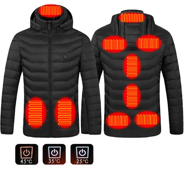 9-Zone Heated Puffer Jacket for Men – Electric Heating Winter Coat with Insulated Hood – USB Powered Thermal Windbreaker