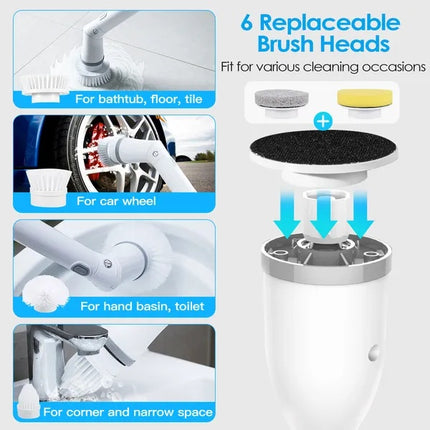 360 Power Scrubber – Cordless Electric Cleaning Tool with Long Handle – 6 Versatile Brush Heads for Kitchen, Window, and Car