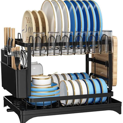 2-Tier Large Capacity Dish Drying Rack – Rustproof Kitchen Dish Rack with Drainboard – Space-Saving Utensil Holder & Cup Rack Set