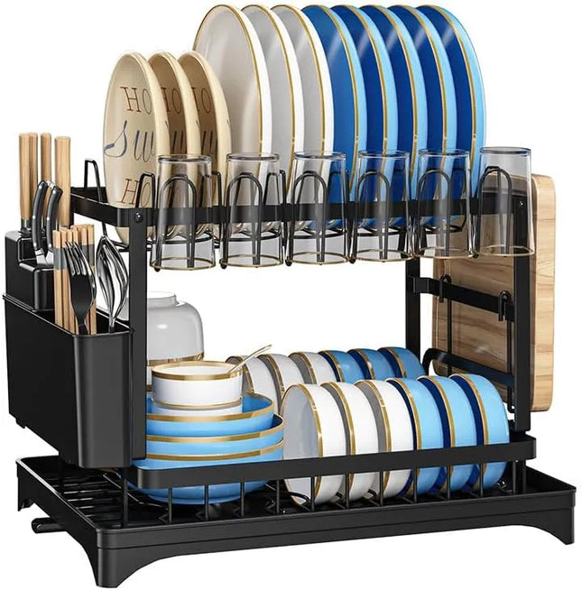 2-Tier Large Capacity Dish Drying Rack – Rustproof Kitchen Dish Rack with Drainboard – Space-Saving Utensil Holder & Cup Rack Set