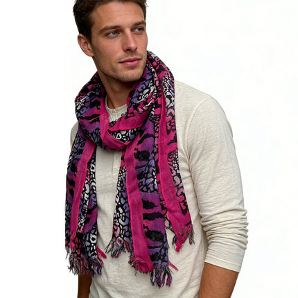 Extra Long Patterned Scarf – Bold Hot Pink & Creative Knots for Versatile Styling – Women's & Men's Fashion Accessory
