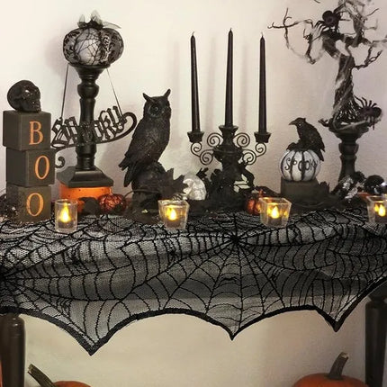 Halloween Black Lace Spiderweb Fireplace Mantle Scarf – Spooky Cobweb Table Runner for Haunted House Decor & Holiday Parties