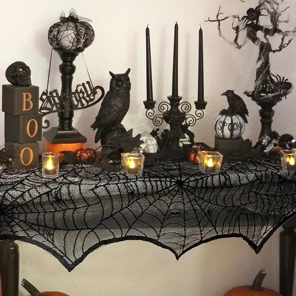 Halloween Black Lace Spiderweb Fireplace Mantle Scarf – Spooky Cobweb Table Runner for Haunted House Decor & Holiday Parties