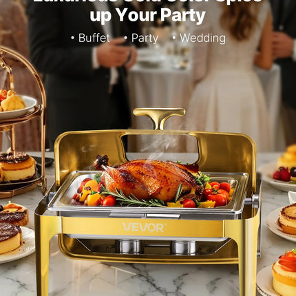 Luxury 9QT Gold-Accented Chafing Dish Set – Stainless Steel Roll Top Buffet Server with Full Size Pan