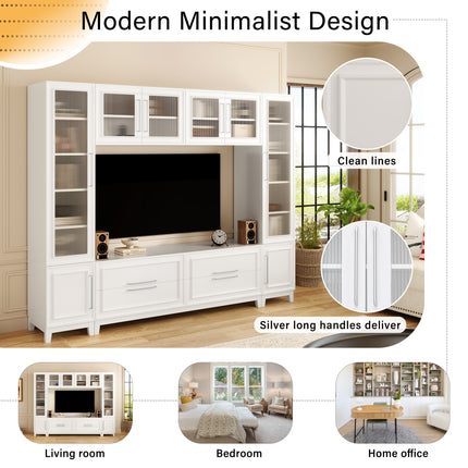 Vibe Haus 102" Modern White Entertainment Center – Large Wall Unit for TVs up to 75" – Minimalist Media Console with Glass Doors & Storage Drawer
