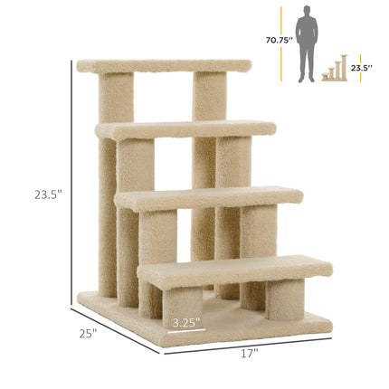 25" 4-Step Pet Stairs for Cats & Small Dogs – Multi-Level Carpeted Cat Tree with Scratching Post – Senior Pet Relief Steps in Cream White
