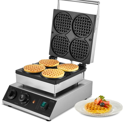 4-Piece Commercial Round Waffle Maker – 1750W High Power Electric Waffle Iron – Professional Non-Stick Baker for Restaurant