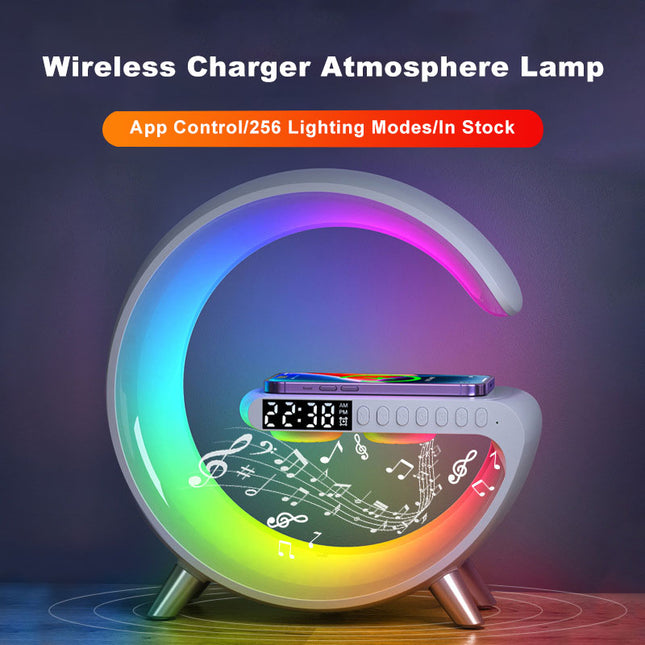 4-in-1 Smart G-Shape LED Atmosphere Lamp – Fast Wireless Charger, Bluetooth Speaker, & Sunrise Wake-Up Light – App Control RGB Nightstand Lamp