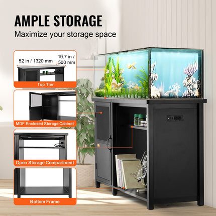 75 Gallon Heavy Duty Fish Tank Stand – 52" x 19.7" Steel & MDF Aquarium Cabinet – 626 lbs Load Capacity with Built-in Power Outlet Panel – Black