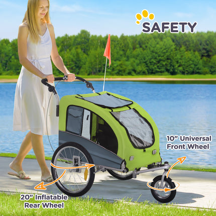 2-in-1 Dog Bike Trailer & Pet Stroller – Convertible Jogger with Protective Canopy – Foldable Pet Carrier with Storage Pockets (Green)