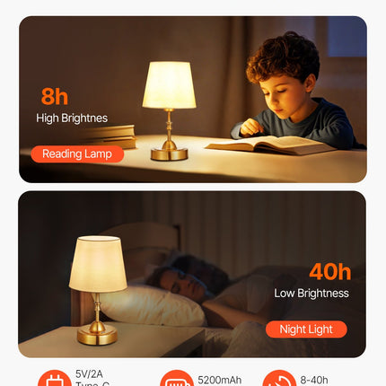 Cordless Gold Table Lamp with 5200mAh Rechargeable Battery – Small Desk Lamp with Fabric Shade – 3-Level Brightness for Restaurant & Bedroom