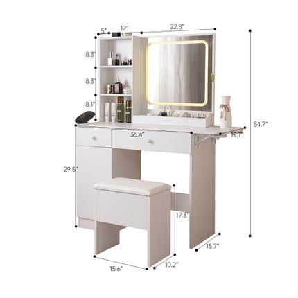 Professional Makeup Vanity Suite – 3-Color LED Mirror with Charging Station & Large Storage