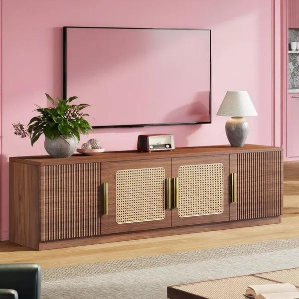 Sleek White & Wood TV Console – Mid-Century Modern Media Stand – Elegant Living Room Entertainment Unit with Wood Grain Accents