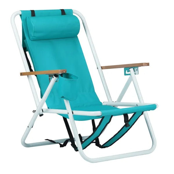 Premium 4-Position Folding Beach Chair – Portable Backpack Chair with Wooden Armrests, Headrest & Cup Holder – Forest Green