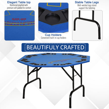 47" Octagon Folding Poker Table – 8-Player Casino Game Table with Professional Blue Felt – Includes Cup Holders & Chip Trays – Portable Blackjack & Hold'em Table