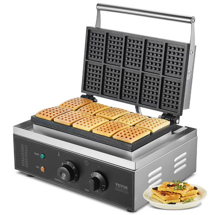 10-Piece Commercial Waffle Maker – 1550W Electric Rectangle Waffle Baker – Heavy Duty Non-Stick Belgian Waffle Machine