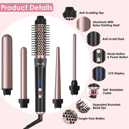 5-in-1 Professional Curling Wand Set – Interchangeable Barrels & Thermal Styling Brush