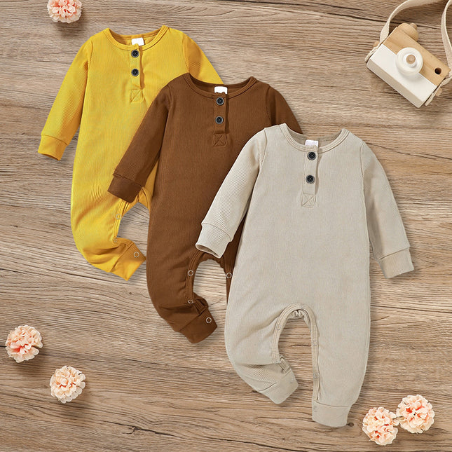 3-Pack Essential Baby Ribbed Rompers – 100% Soft Cotton Long Sleeve Jumpsuits – Unisex Infant Button-Front Bodysuits