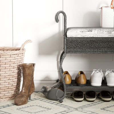 Industrial Shoe Rack Bench with Padded Seat – Rustic Entryway Bench for Small Spaces – Upholstered Shoe Storage Organizer with Metal Shelves