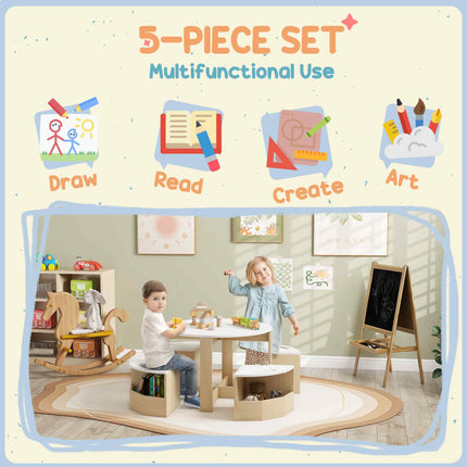 5-Piece Kids Table and Chairs Set – Toddler Activity Table with 4 Chairs – Built-in Storage Bins for Art, Crafts & Playroom – Sleek White Finish